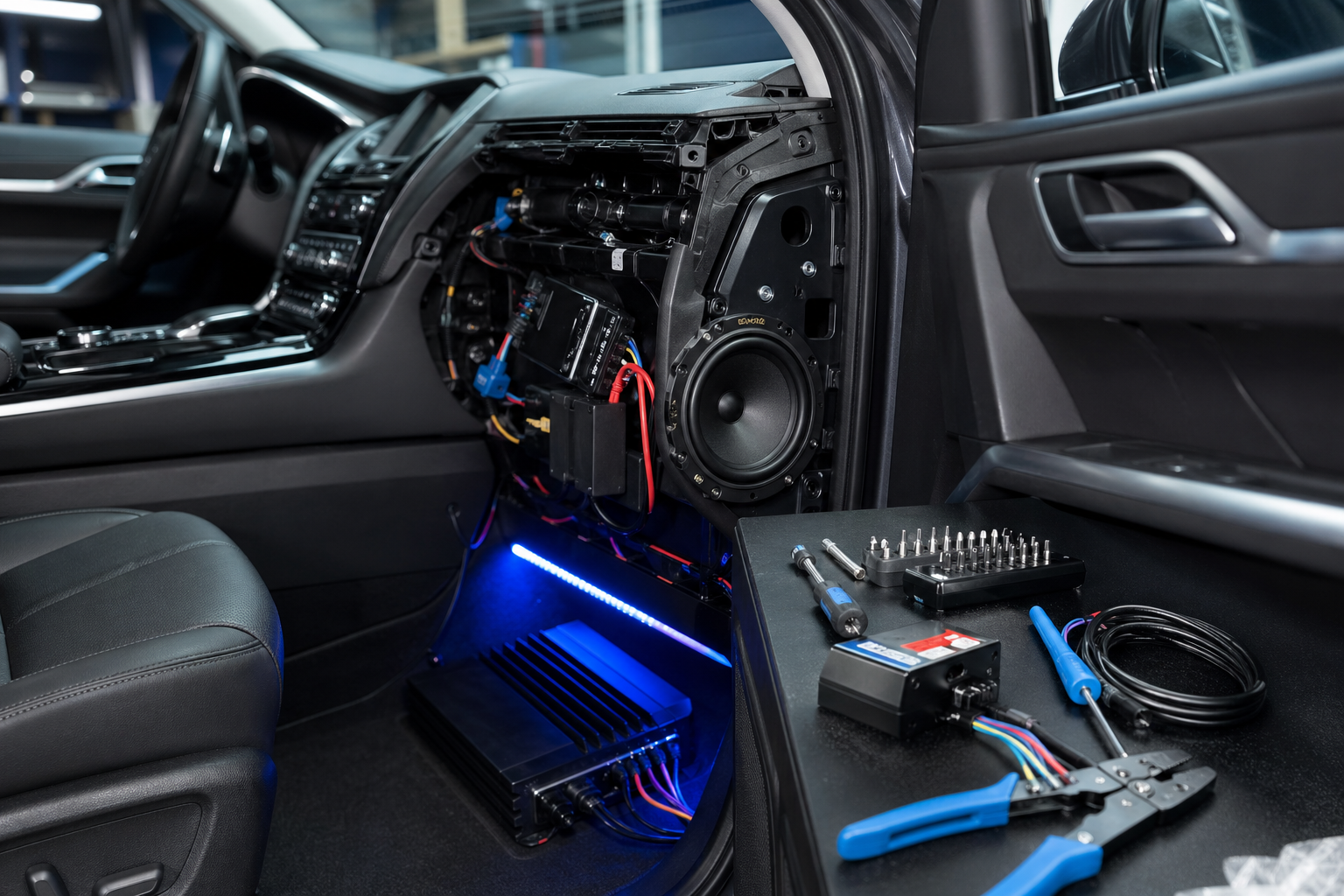 Professional vehicle audio and wiring installation detail